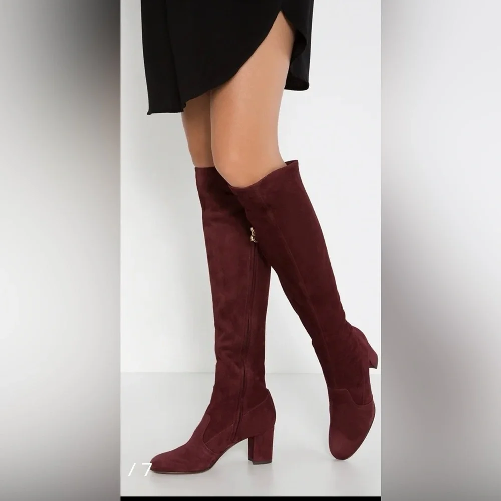L'Autre Chose Italy Burgundy Suede Over The Knee Block Heel Boots 35 NWT